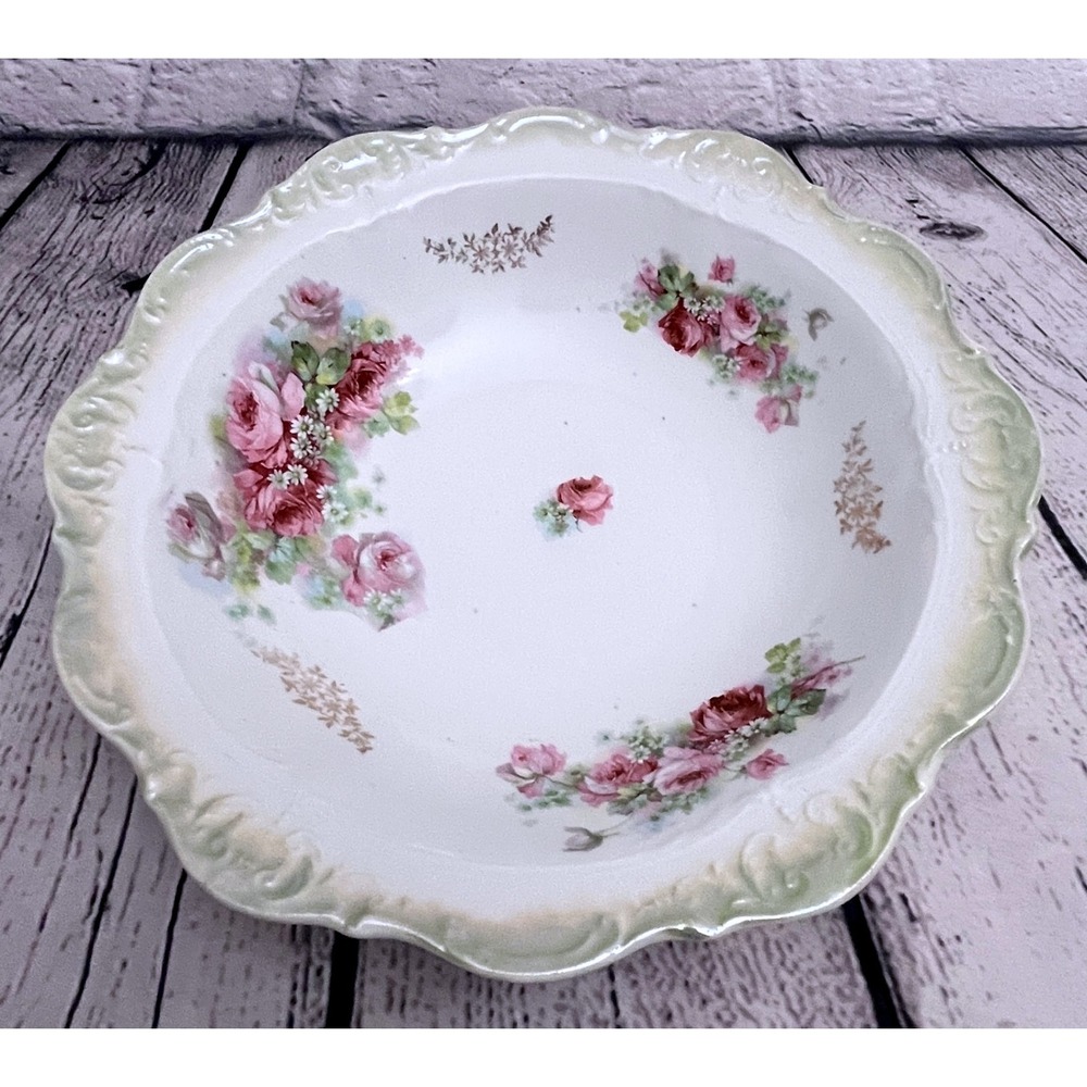 Vintage Floral Porcelain Bowl Pink Roses Gold Accents Scalloped Edge Decor
